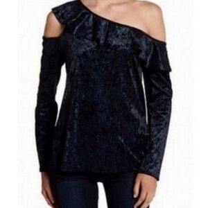 Ro&De Blue Velvet Hatch Print Ruffle One Shoulder Top size XS